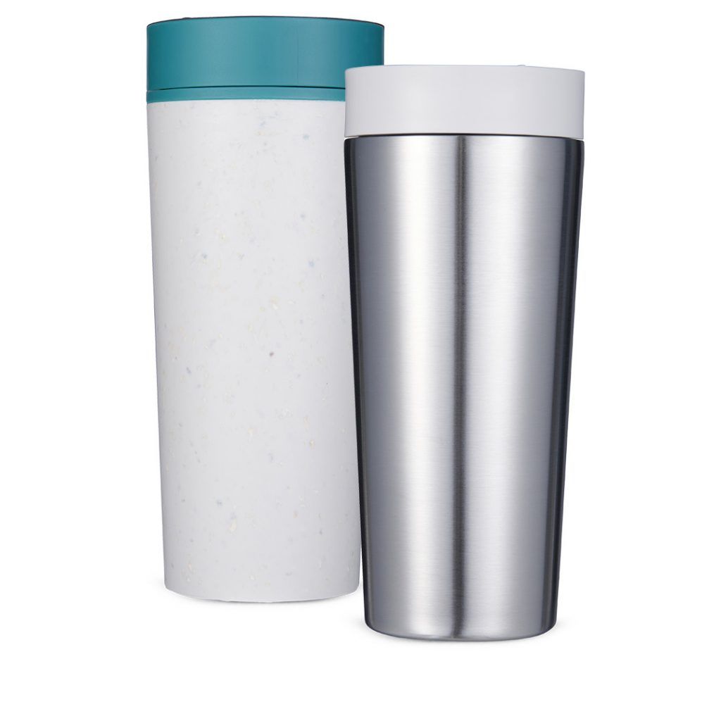 steel reusable cup and white reusable cup