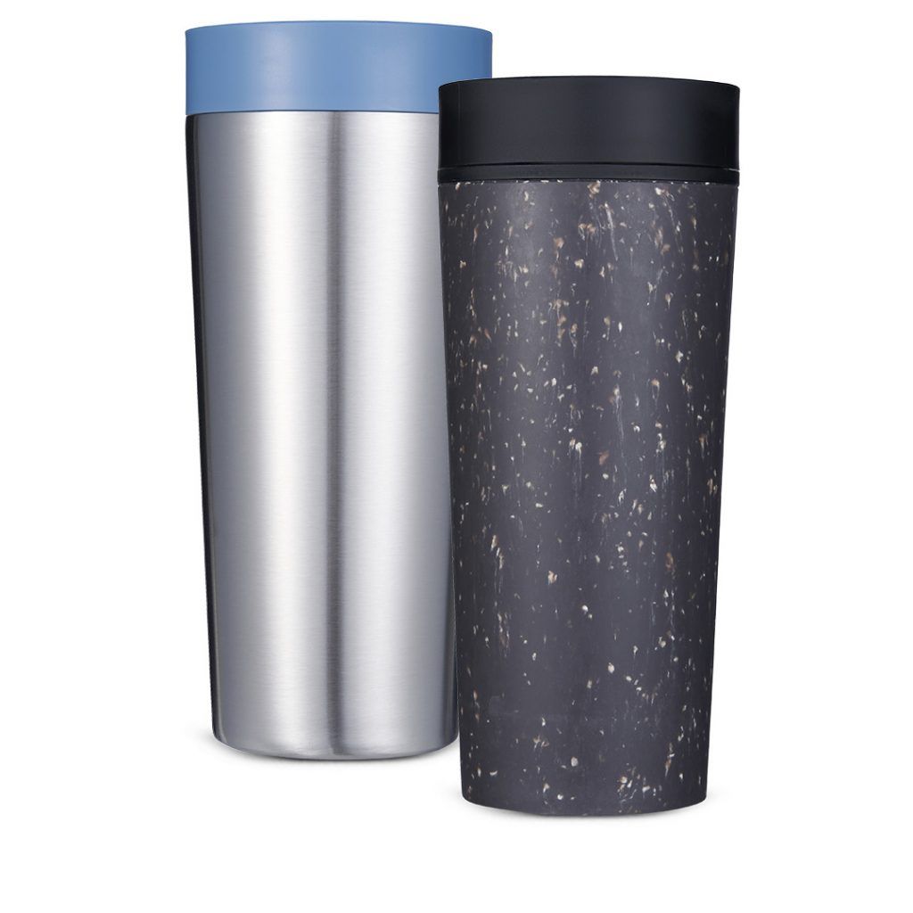 steel reusable cup and black reusable cup