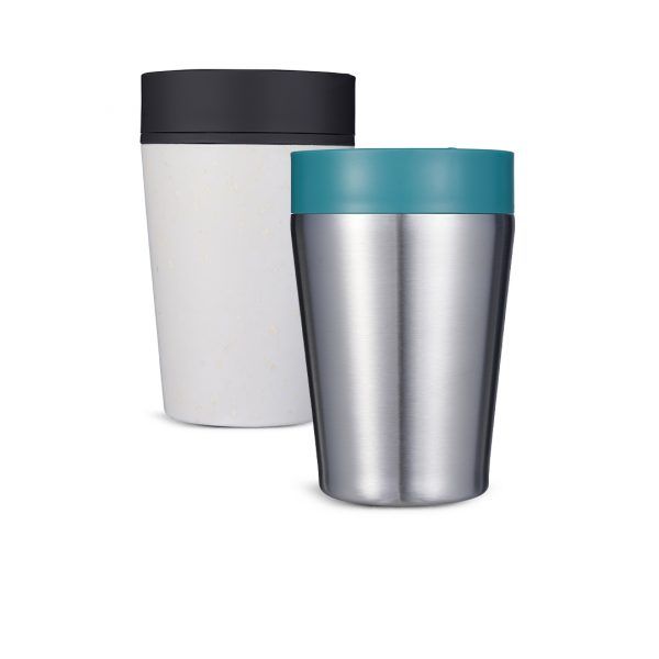 white plastic reusable cup with black lid and steel reusable cup with blue lid