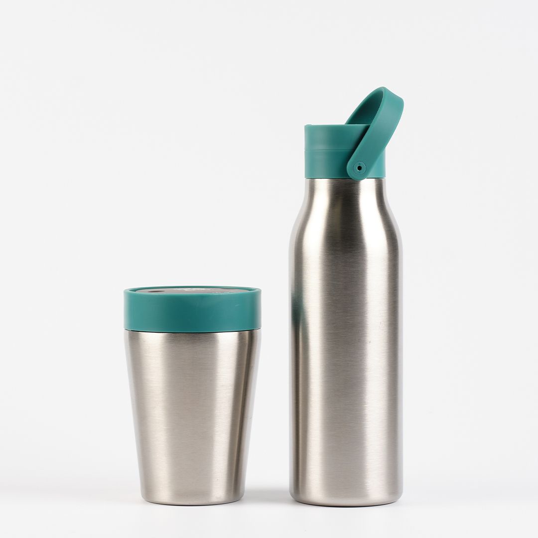 8oz Stainless Steel reusable Travel Mug with aquamarine green lid and 500ml stainless steel Reusable Water Bottle with aquamarine green lid Bundle