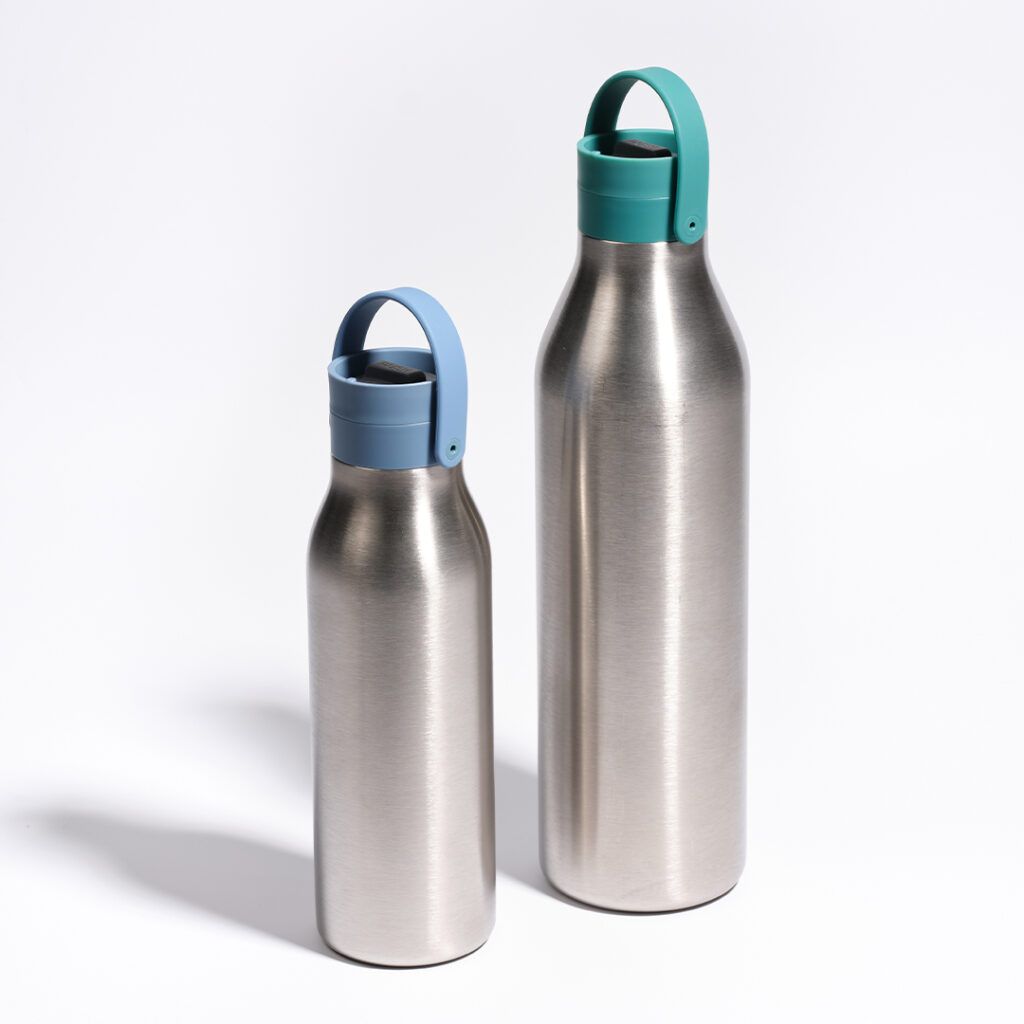 aquamarine green 1l and rockpool blue 500ml reusable water bottles stainless steel