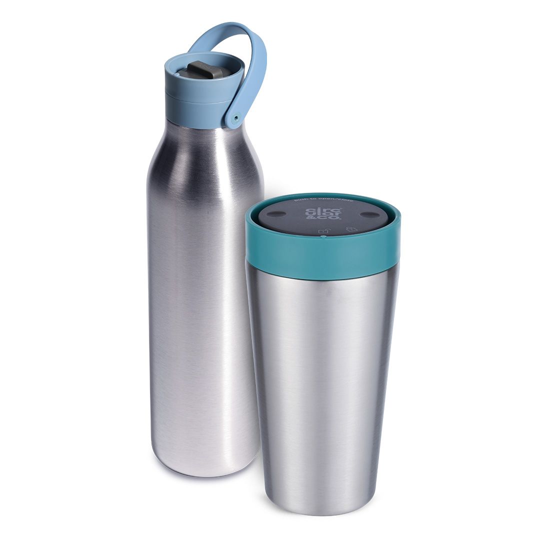 12oz Stainless Steel reusable Travel Mug with aquamarine green lid and 750ml Stainless Steel Reusable Water Bottle with rockpool blue lid Bundle
