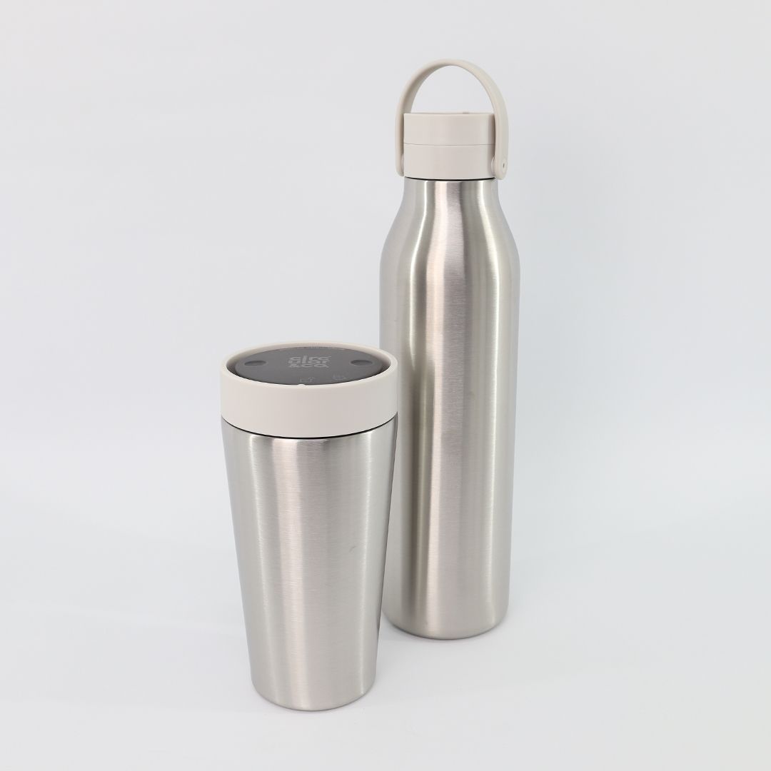 12oz Stainless Steel reusable Travel Mug with pebble white lid and 750ml Stainless Steel Reusable Water Bottle with pebble white lid Bundle