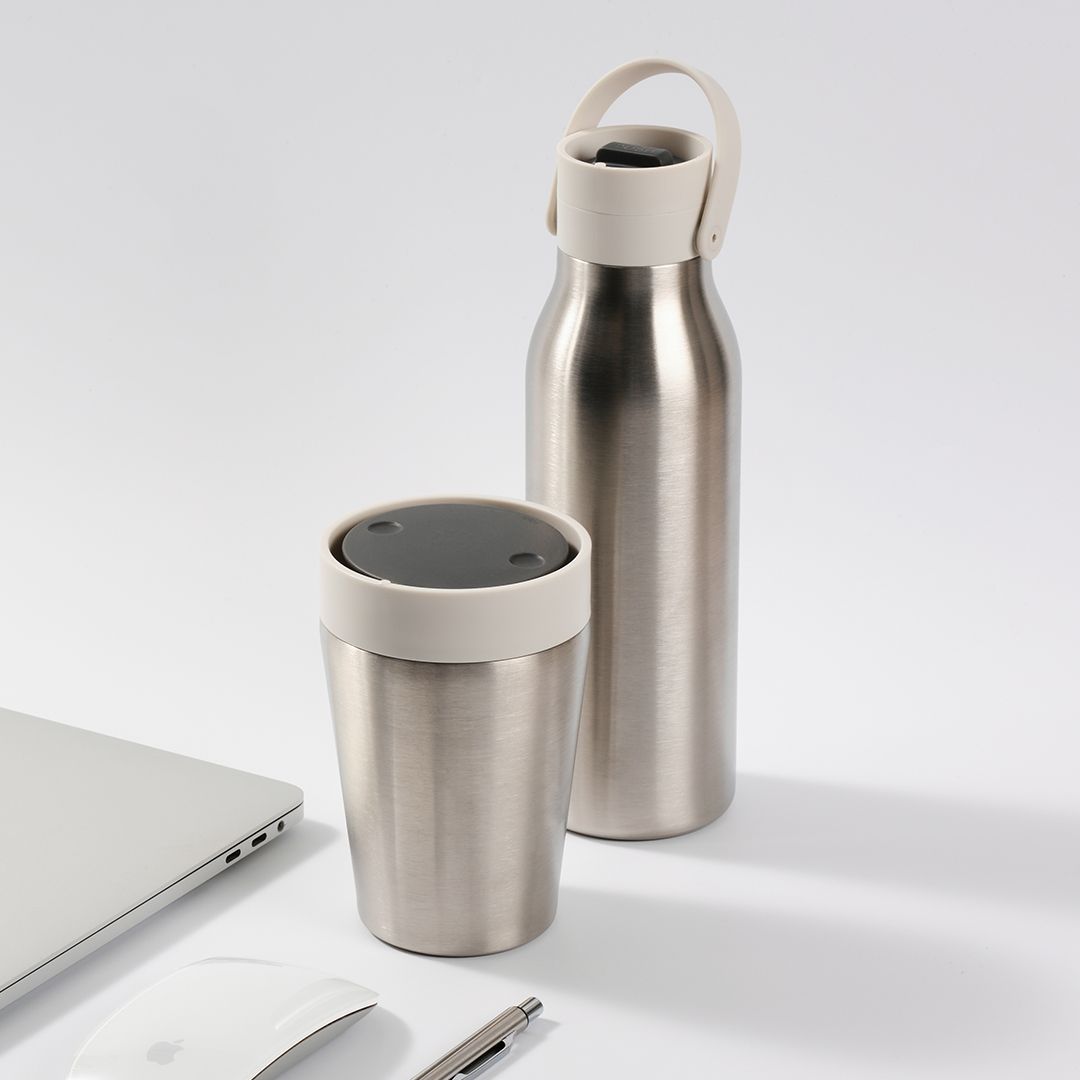 8oz Stainless Steel reusable Travel Mug with pebble white lid and 500ml stainless steel Reusable Water Bottle with pebble white lid Bundle