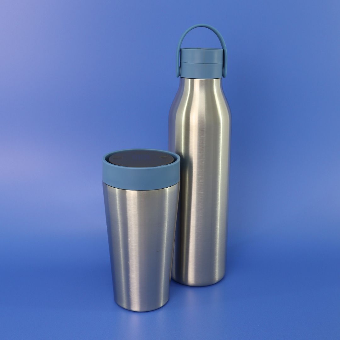 12oz Stainless Steel reusable Travel Mug with rockpool blue lid and 750ml Stainless steel Reusable Water Bottle Bundle with blue lid
