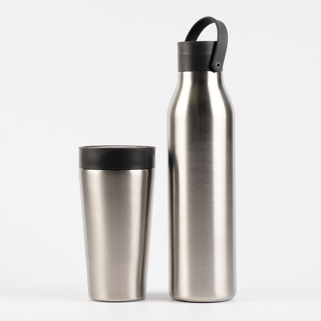 12oz Stainless Steel reusable Travel Mug with black lid and 750ml Stainless Steel Reusable Water Bottle with black lid Bundle