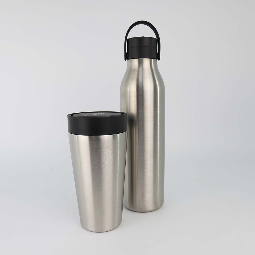 Stainless Steel Travel Mug and Water Bottle Duo Uncoated Black
